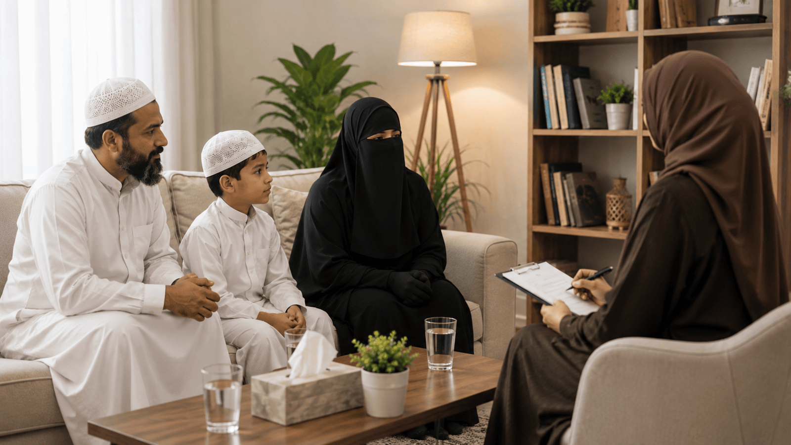 A family in a counselling session with a counsellor